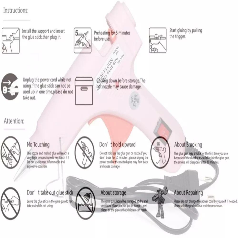 CRAFTYGUN 20 W Mini Glue Gun with 5 Sticks Pink 7 mm Stick Diameter, SH_PPIINK--MINI-5-STKKS-20WT
