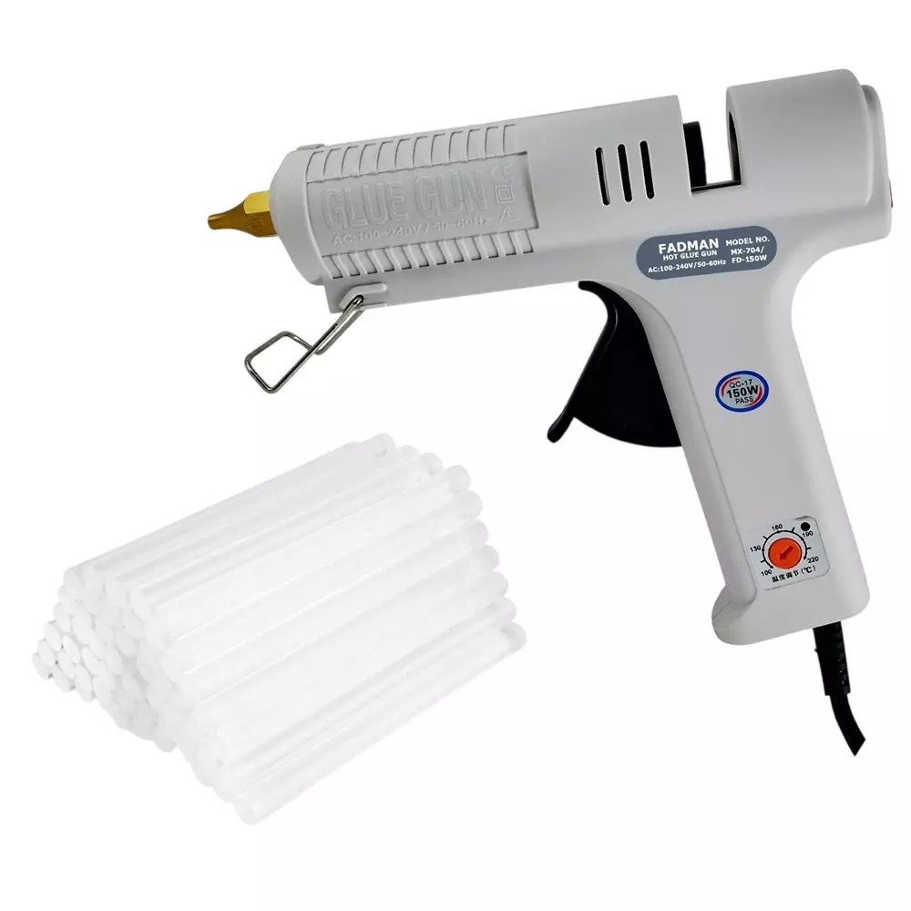 Fadman 150 W Hot Melt Mini Glue Gun with 40 Sticks Adjustable Temperature White 11 mm Stick Dia., 150W-(WHITEMAXFADMAN)-40ST