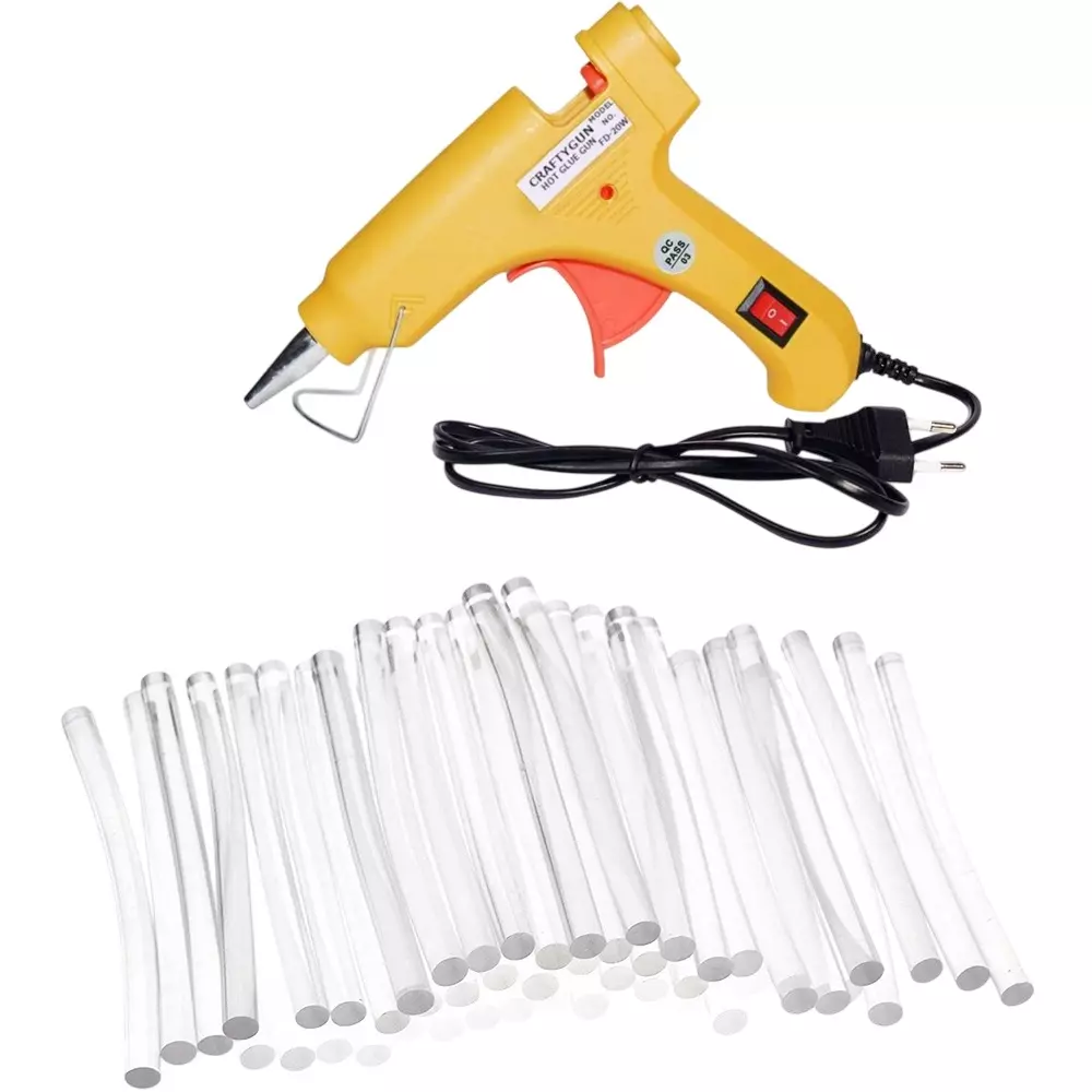 CRAFTYGUN 20 W Standard Temperature Glue Gun with 50 Sticks ON OFF Switch & Indicator 7 mm Stick Diameter Yellow, (YEELOO)MINI-20WWT-50-ST