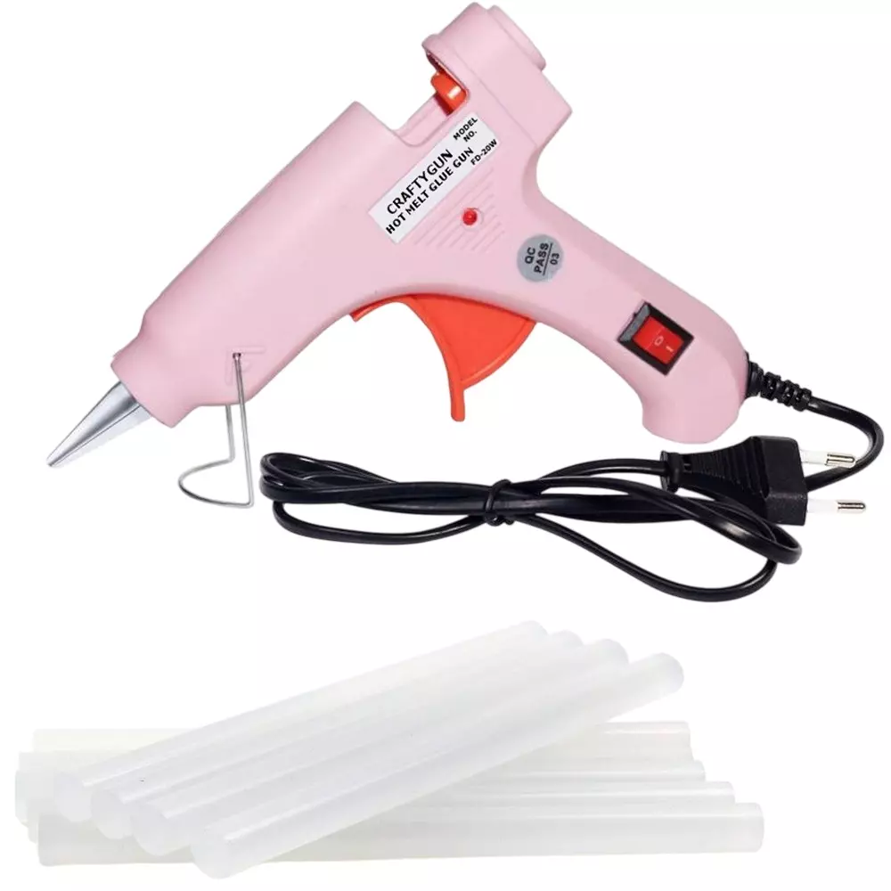 CRAFTYGUN 20 W Standard Temperature Mini Glue Gun with 8 Sticks Pink 7 mm Stick Diameter, PPIINK--MINI-8-STKKS-20WT