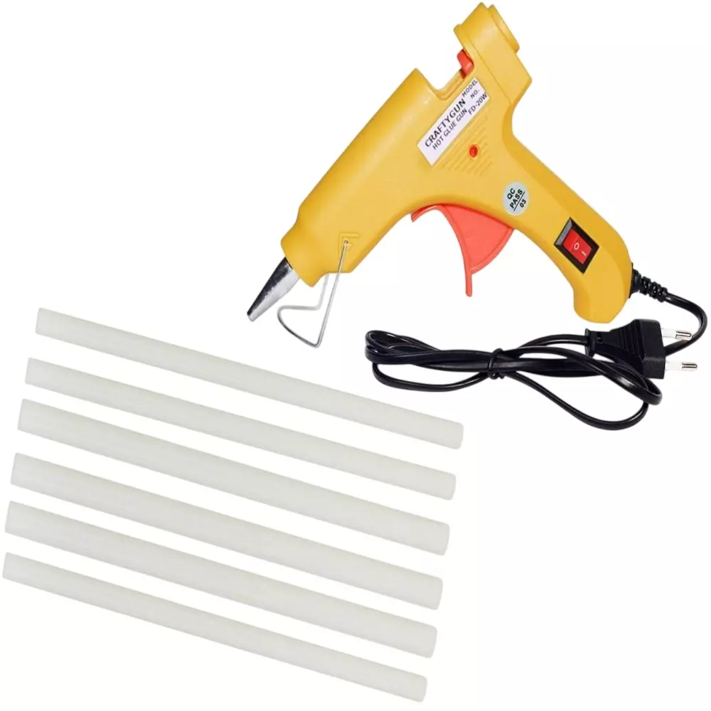 CRAFTYGUN 20 W Standard Temperature Mini Glue Gun with 6 Sticks Yellow 7 mm Stick Diameter, YELOWW--MINI-6-STKKS-20WT