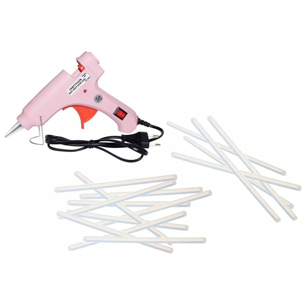 CRAFTYGUN 20 W Standard Temperature Glue Gun with 15 Sticks ON OFF Switch & Indicator 7 mm Stick Diameter Pink, (PINK)MINI-20WWT-15-ST