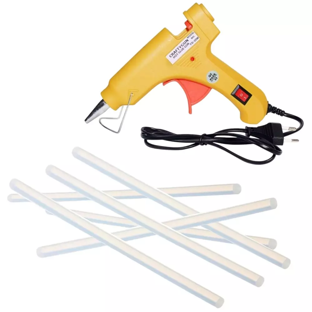 CRAFTYGUN 20 W Standard Temperature Glue Gun with 6 Sticks ON OFF Switch & Indicator 7 mm Stick Diameter Yellow, (YEELOO)MINI-20WWT-6-ST