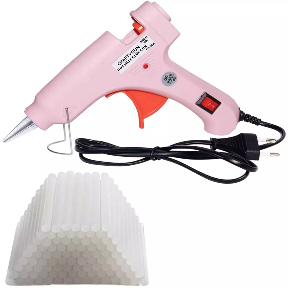 CRAFTYGUN 20 W Standard Temperature Mini Glue Gun with 50 Sticks Pink 7 mm Stick Diameter, PPIINK--MINI-50-STKKS-20WT