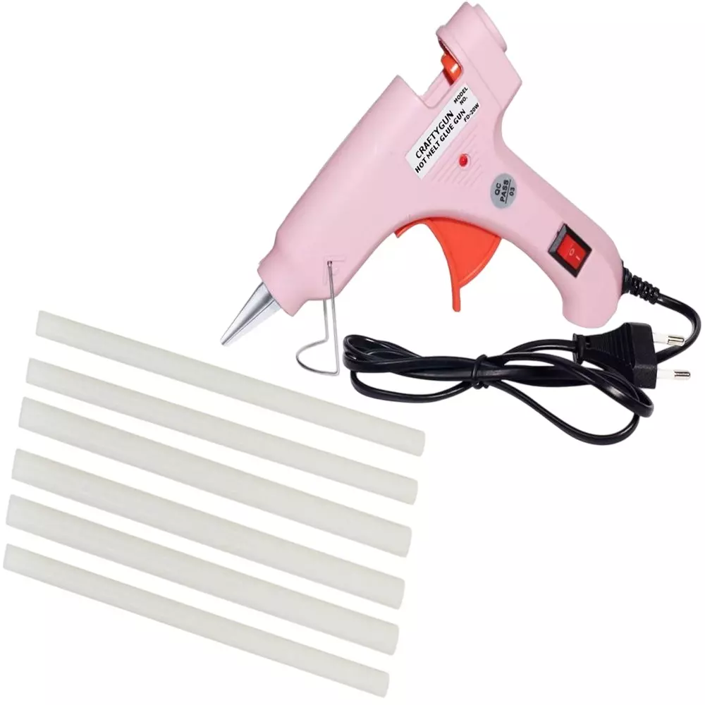 CRAFTYGUN 20 W Standard Temperature Mini Glue Gun with 6 Sticks Pink 7 mm Stick Diameter, PPIINK--MINI-6-STKKS-20WT