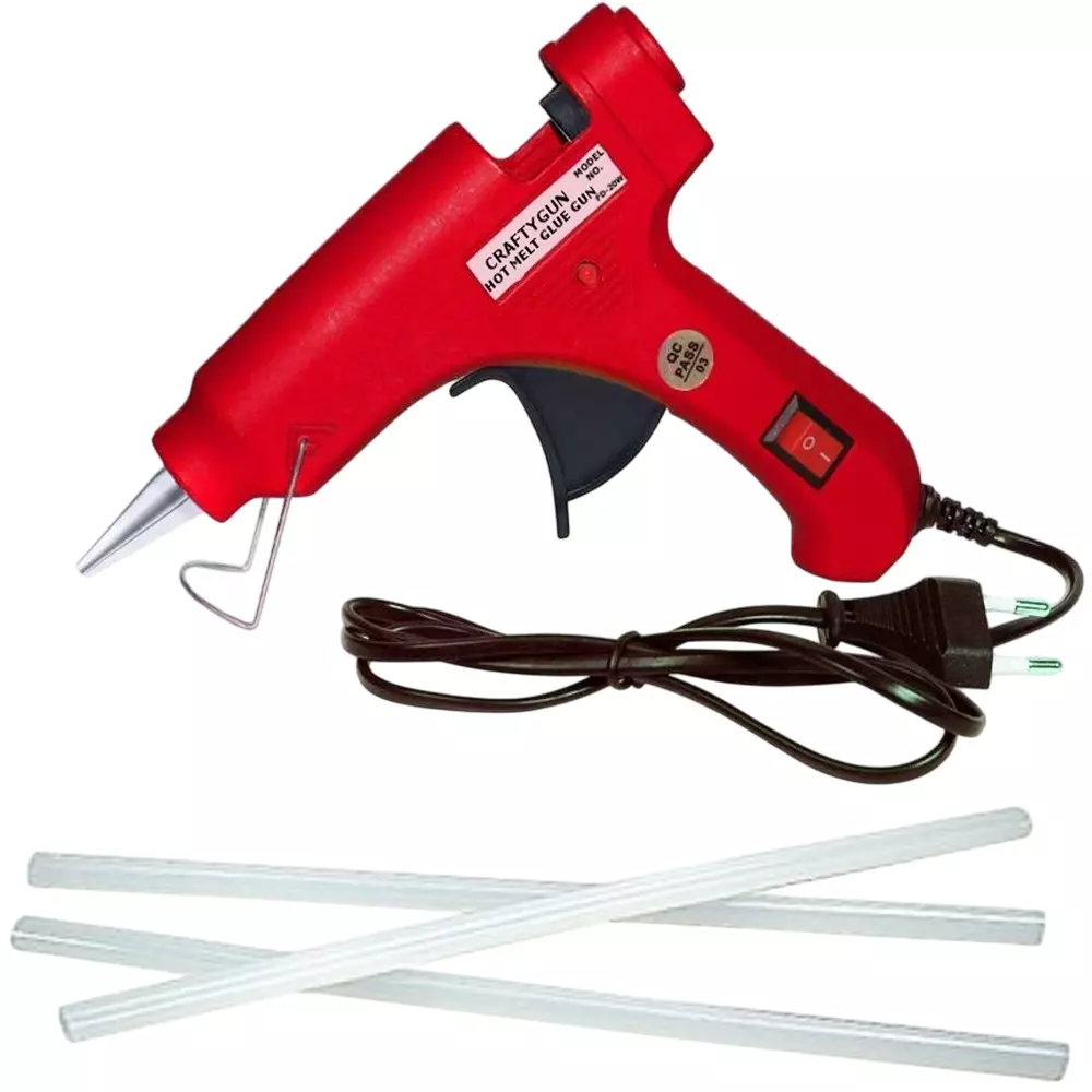 CRAFTYGUN 20 W Standard Temperature Mini Glue Gun with 3 Sticks Red 7 mm Stick Diameter, RREEDD--MINI-3-STKKS-20WT
