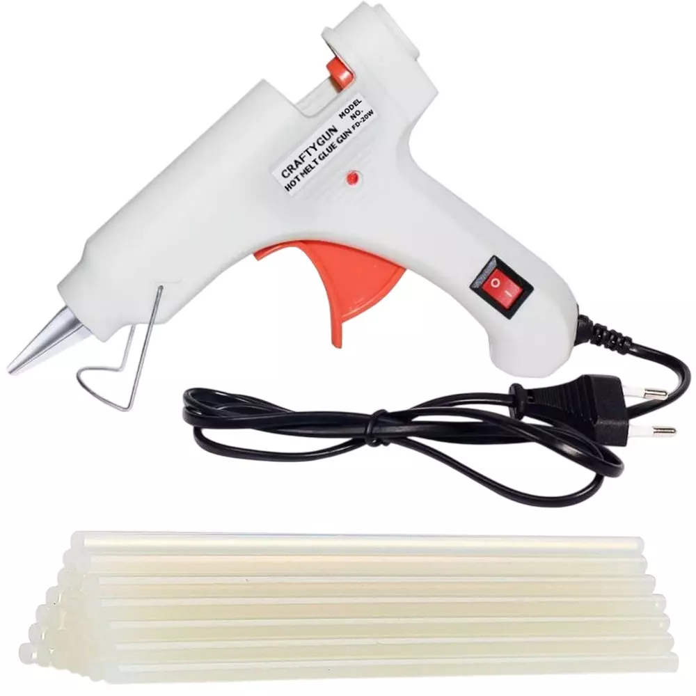 CRAFTYGUN 20 W Standard Temperature Mini Glue Gun with 20 Sticks White 7 mm Stick Diameter, WHHITEE--MINI-20-STKKS-20WT