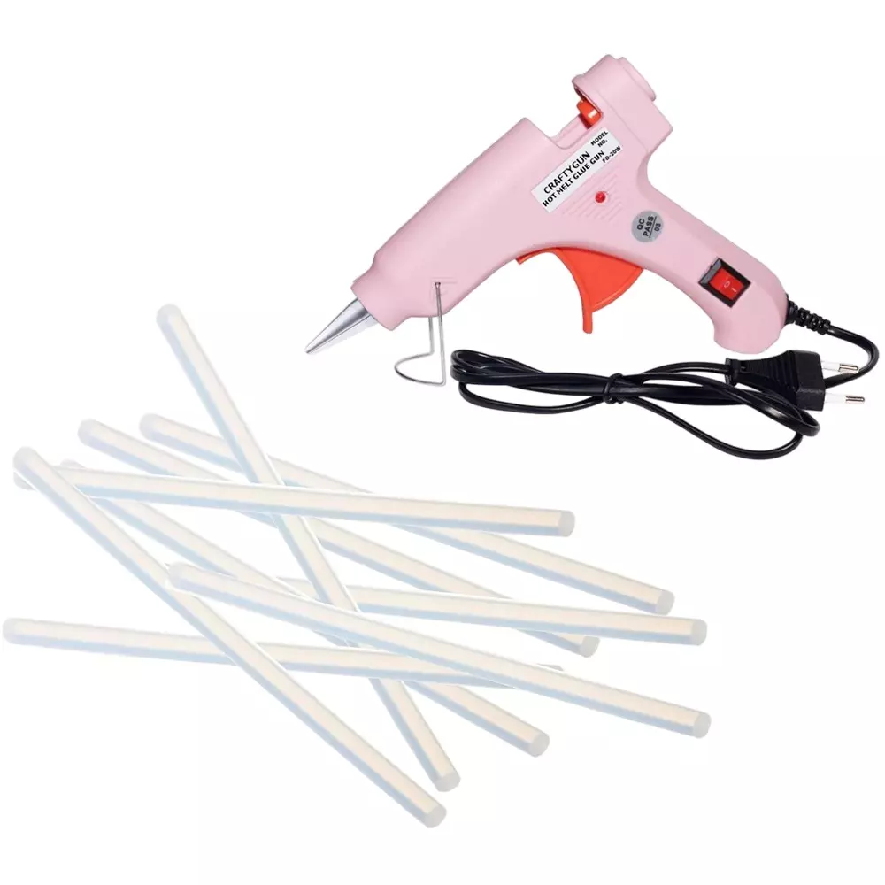 CRAFTYGUN 20 W Standard Temperature Glue Gun with 9 Sticks ON OFF Switch & Indicator 7 mm Stick Diameter Pink, (PINK)MINI-20WWT-9-ST