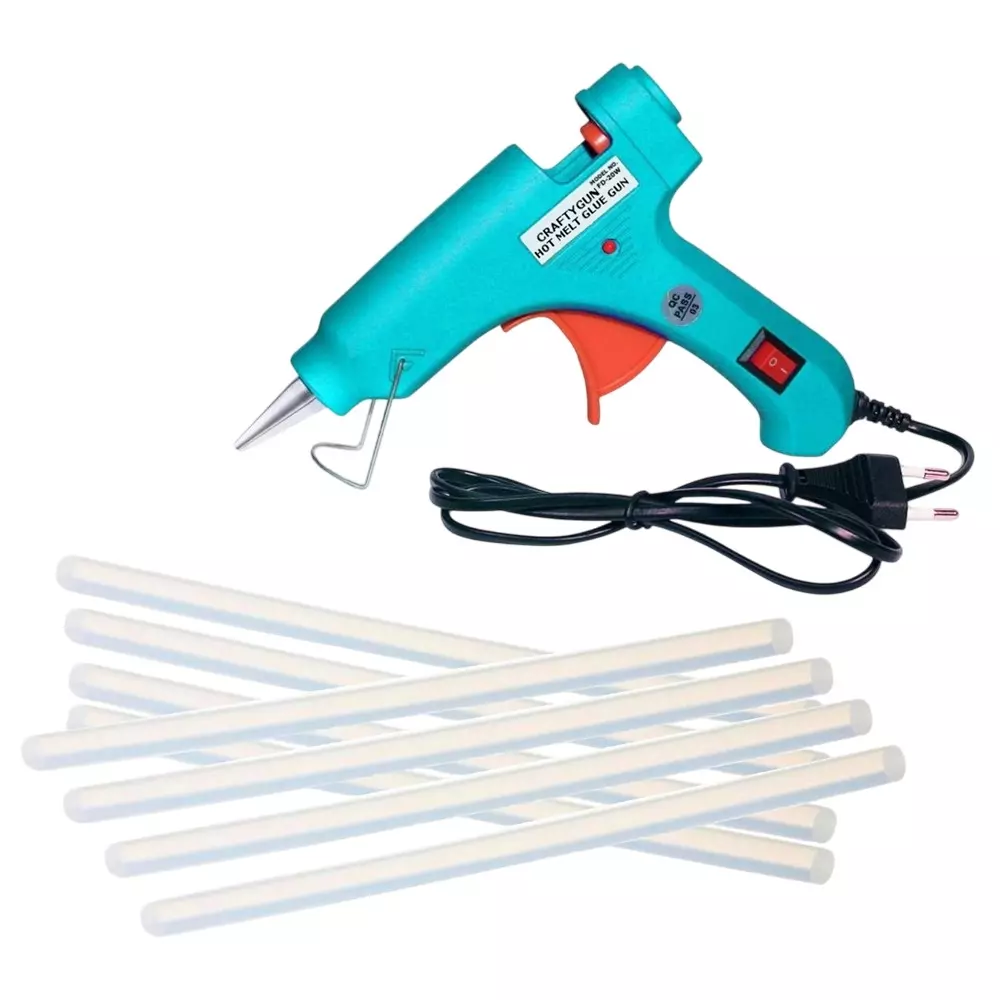 CRAFTYGUN 20 W Standard Temperature Glue Gun with 8 Sticks ON OFF Switch & Indicator 7 mm Stick Diameter Turquoise, (TURQISS)MINI-20WWT-8-ST