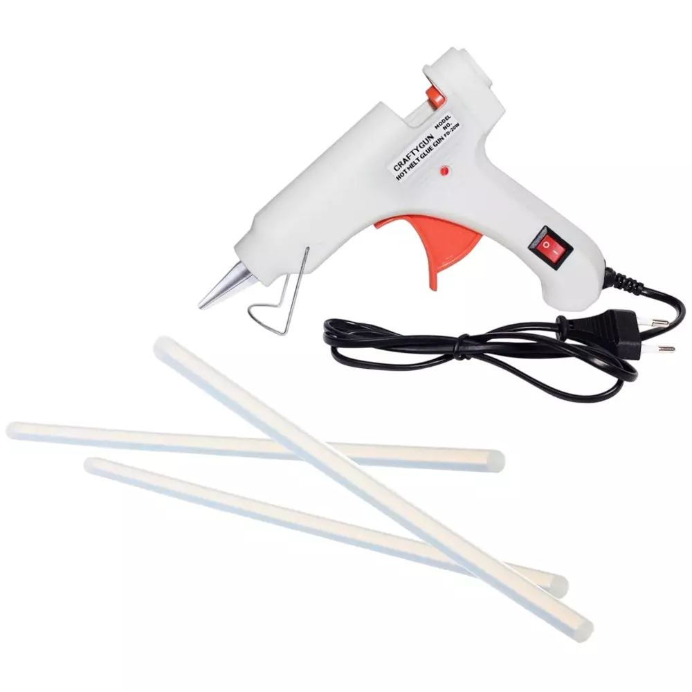 CRAFTYGUN 20 W Standard Temperature Glue Gun with 3 Sticks ON OFF Switch & Indicator 7 mm Stick Diameter White, (WHITEE)MINI-20WWT-3-ST