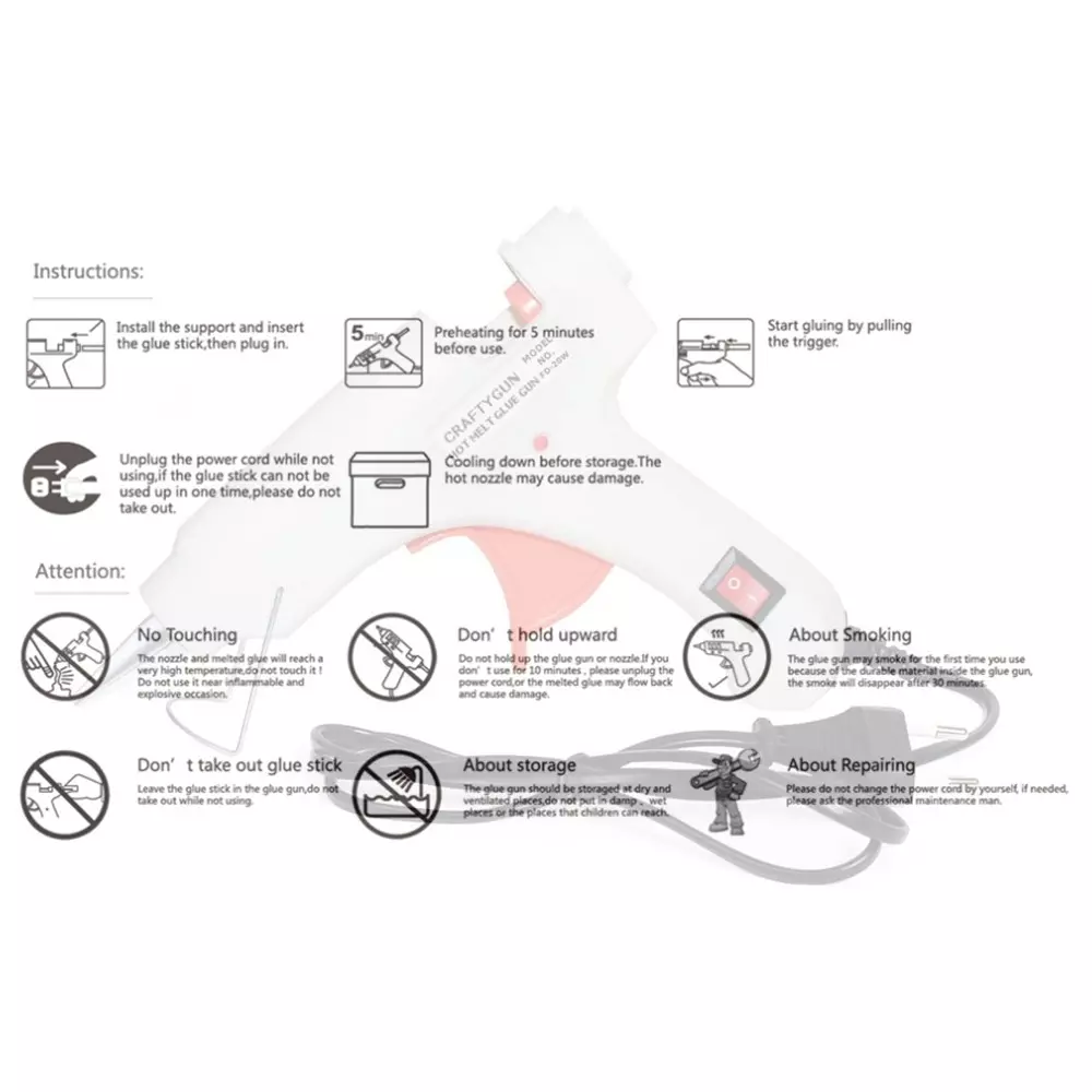 CRAFTYGUN 20 W Standard Temperature Glue Gun with 4 Sticks ON OFF Switch & Indicator 7 mm Stick Diameter White, (WHITEE)MINI-20WWT-4-ST