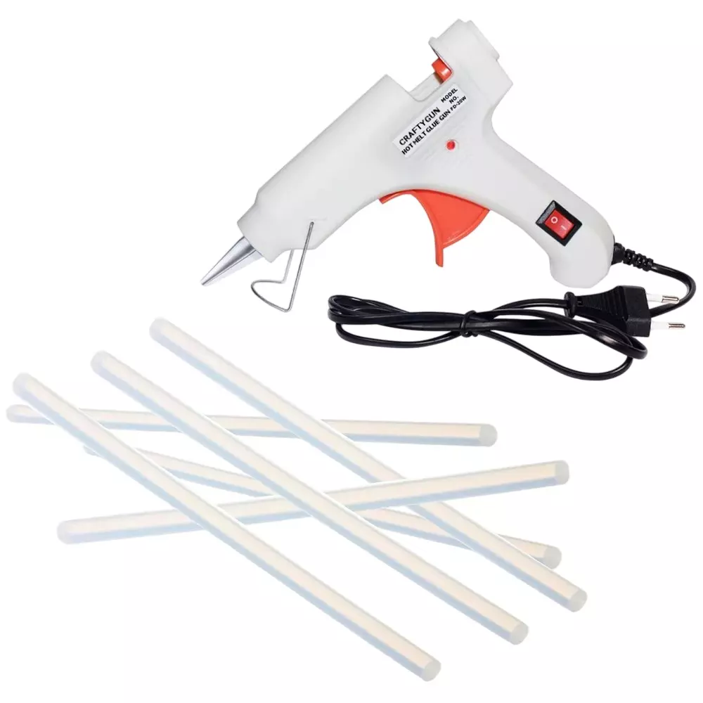 CRAFTYGUN 20 W Standard Temperature Glue Gun with 6 Sticks ON OFF Switch & Indicator 7 mm Stick Diameter White, (WHITEE)MINI-20WWT-6-ST