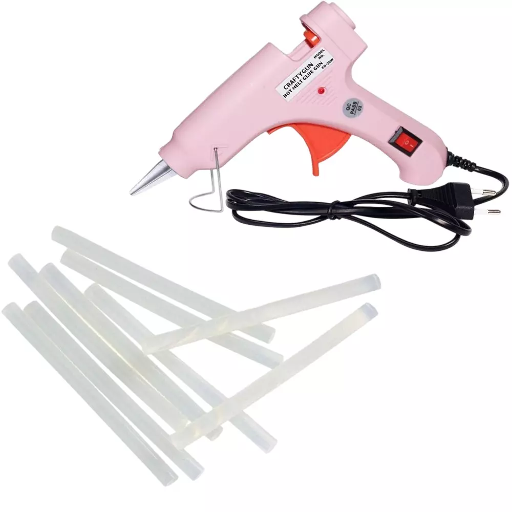 CRAFTYGUN 20 W Standard Temperature Mini Glue Gun with 9 Sticks Pink 7 mm Stick Diameter, PPIINK--MINI-9-STKKS-20WT