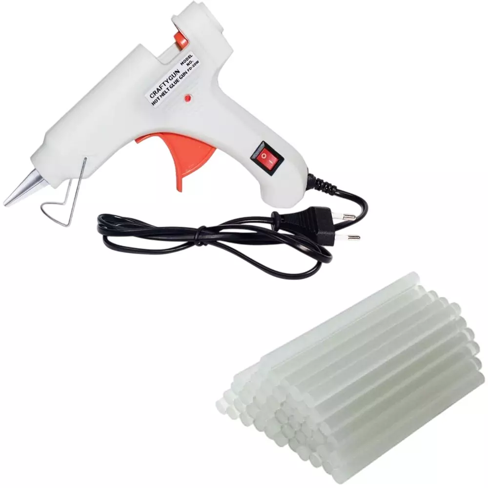 CRAFTYGUN 20 W Standard Temperature Mini Glue Gun with 25 Sticks White 7 mm Stick Diameter, WHHITEE--MINI-25-STKKS-20WT