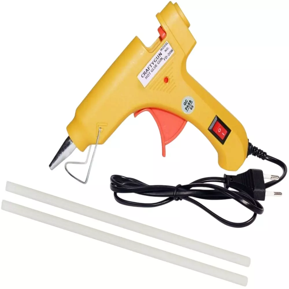 CRAFTYGUN 20 W Standard Temperature Mini Glue Gun with 2 Sticks Yellow 7 mm Stick Diameter, YELOWW--MINI-2-STKKS-20WT
