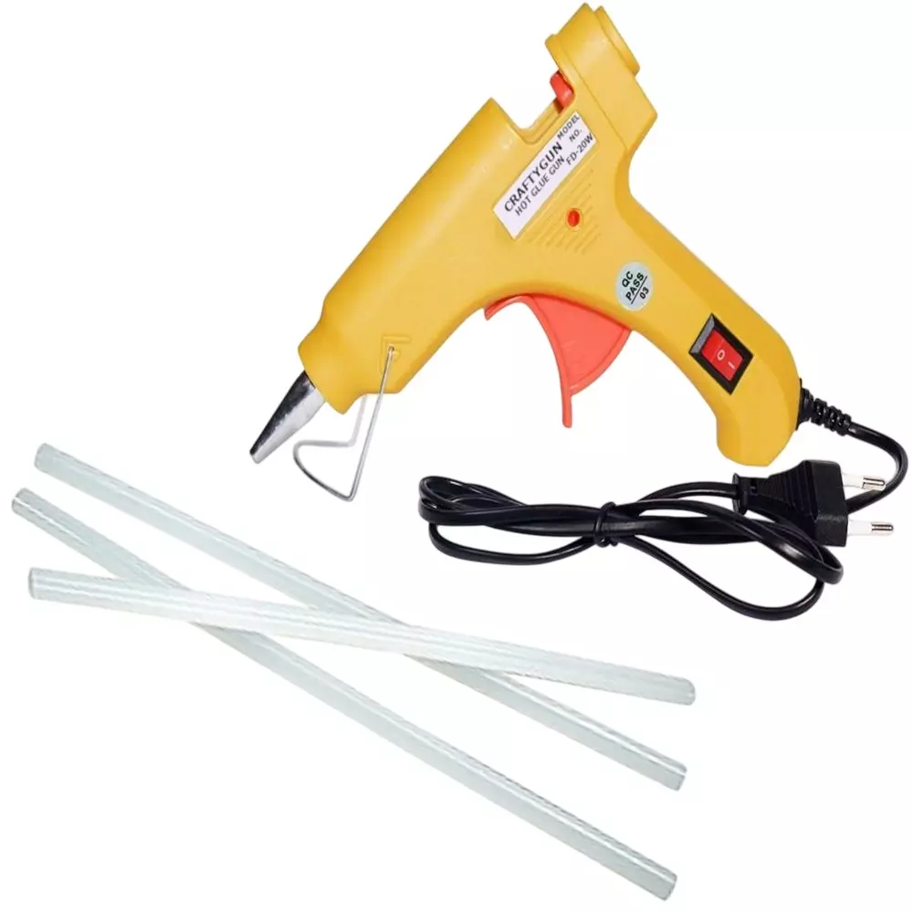 CRAFTYGUN 20 W Standard Temperature Mini Glue Gun with 3 Sticks Yellow 7 mm Stick Diameter, YELOWW--MINI-3-STKKS-20WT