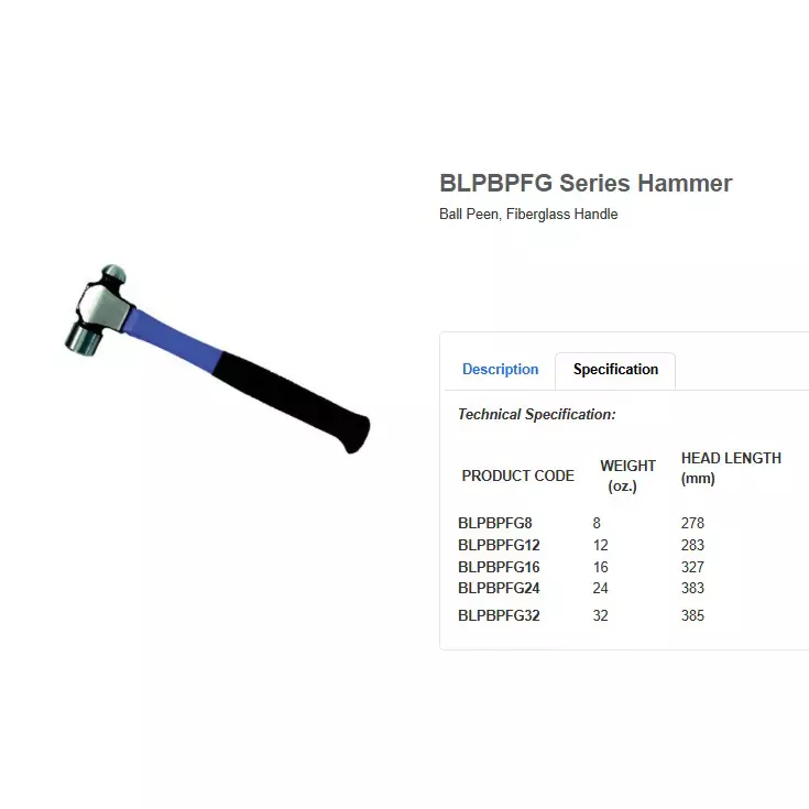 blue-point-ball-pein-hammer-with-fiberglass-handle-medium-carbon-steel-head-and-907-g-32-oz-size-blpbpfg32