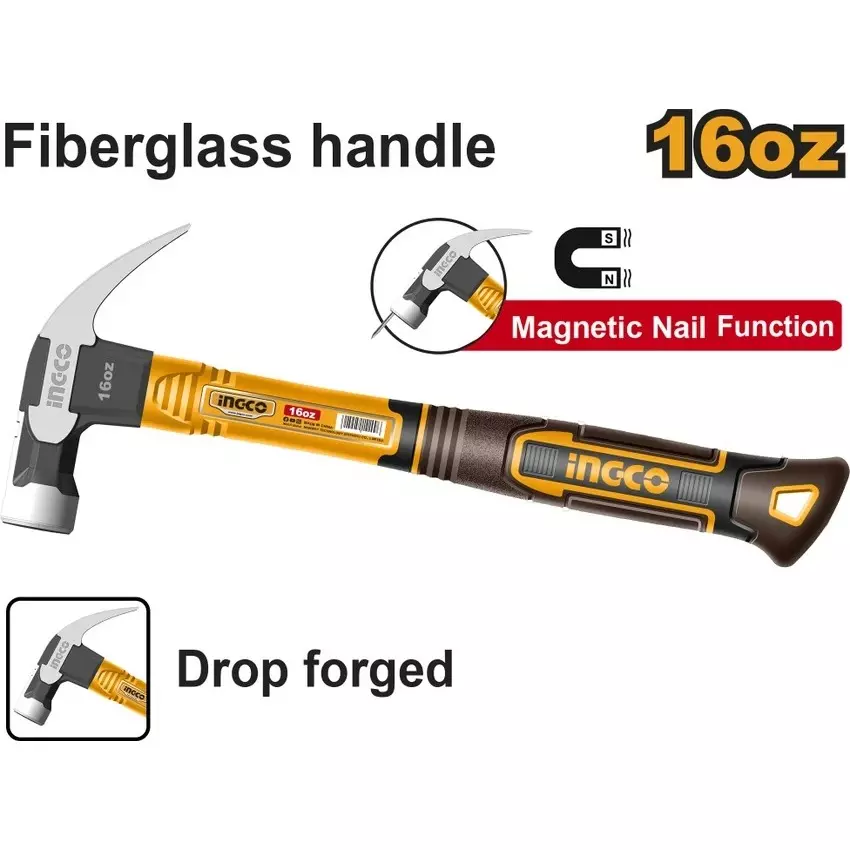 Ingco Claw Hammer with 3 Color Fiberglass Handle and 450 g Innovated Drop-Forged Head, HCH81016
