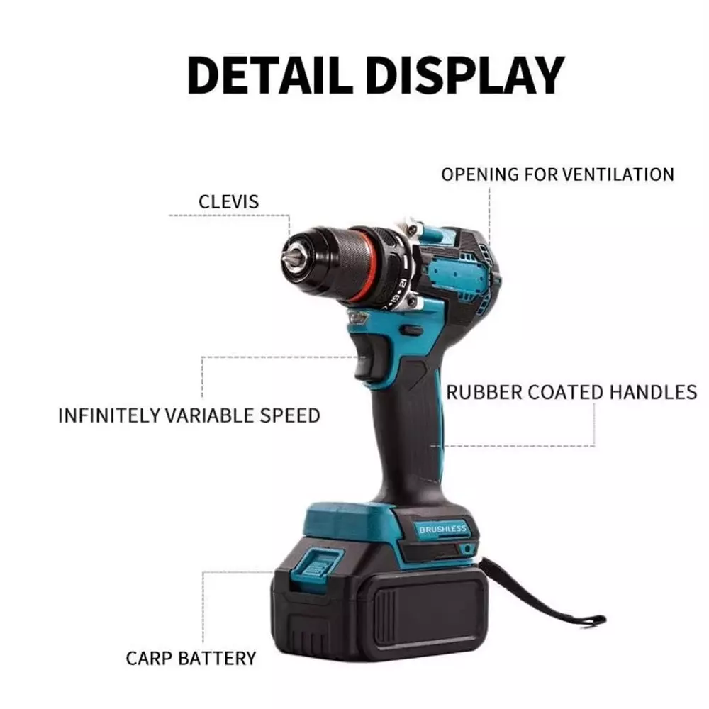 Jawsons Cordless Electric Drill Machine 21 V Brushless Motor 2 Speed 0-1500 RPM 40 Nm Torque with Rechargeable Li-Ion ‎Battery, ‎MN-GRDR-RTRY