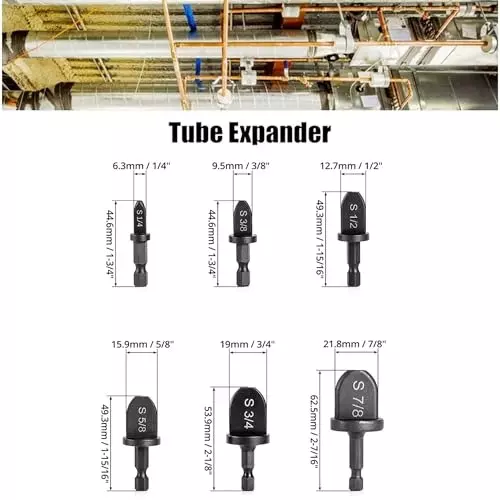 Malfah Enterprises Tube Expander 1/4, 3/8, 1/2, 5/8, 3/4, 7/8 inch Hex Shank Alloy Steel (Pack of 6)
