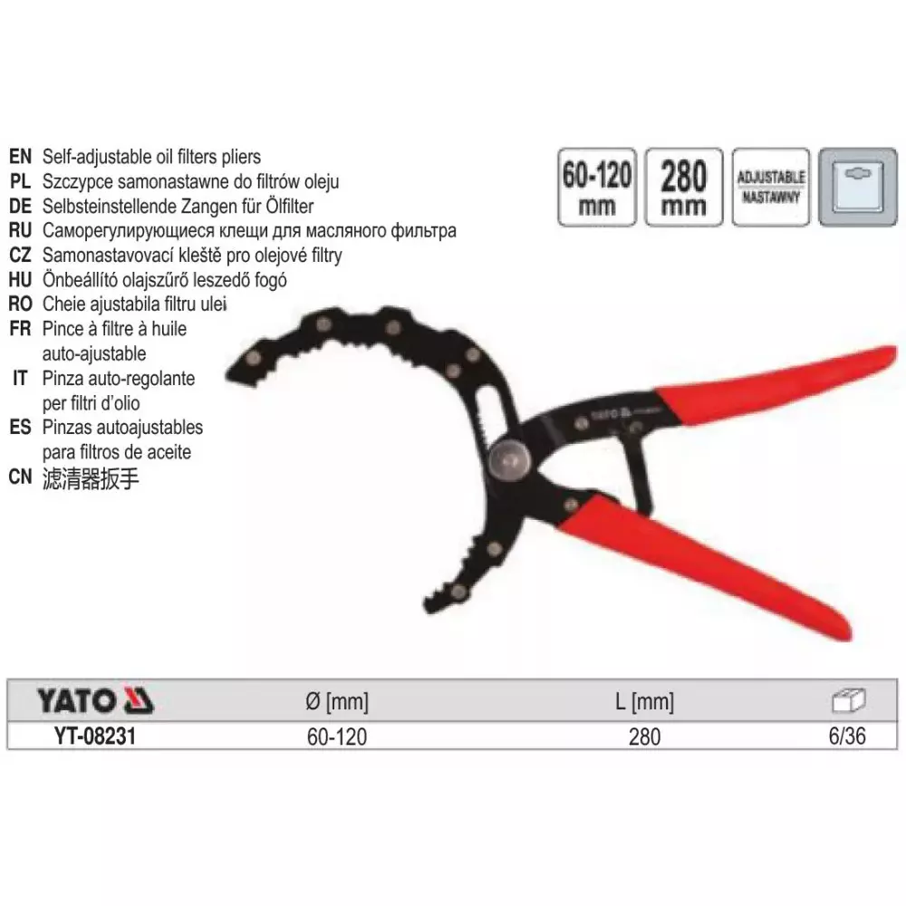 Yato Oil Filter Removal Pliers Hardened Steel Black & Red 60–120 mm Jaw Capacity, YT-08231