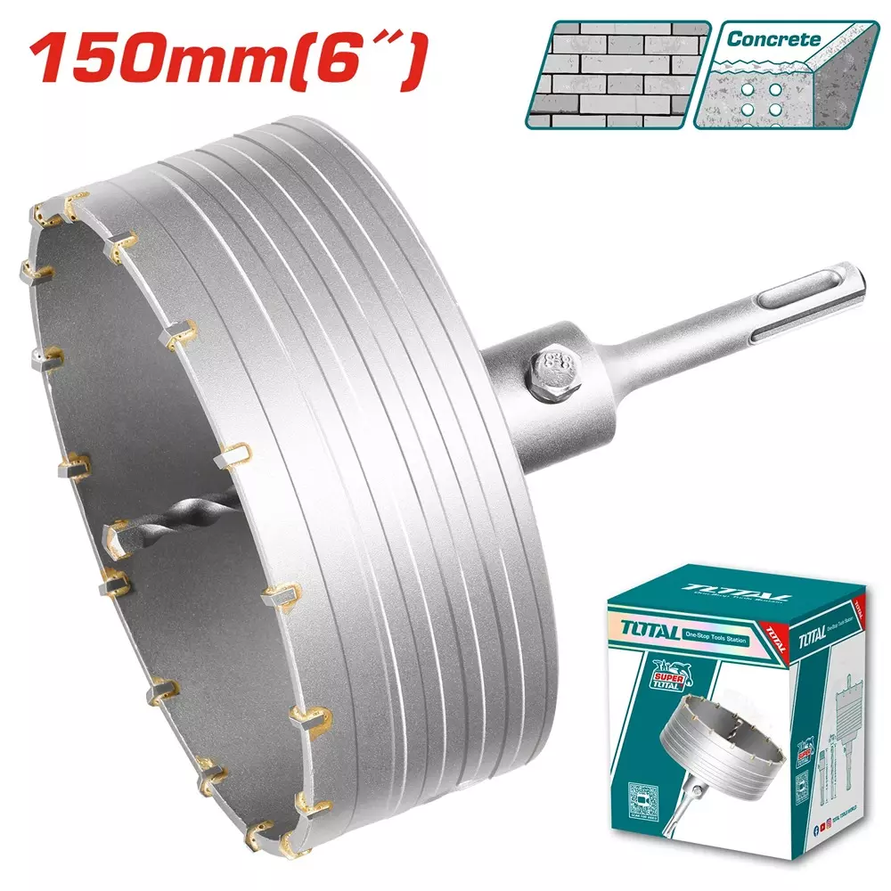 Total Hole Core Bit with Adaptor, 16 Pcs Blades and 8x110 mm Masonry Drill Bit 150 mm Diameter, TAC4301501