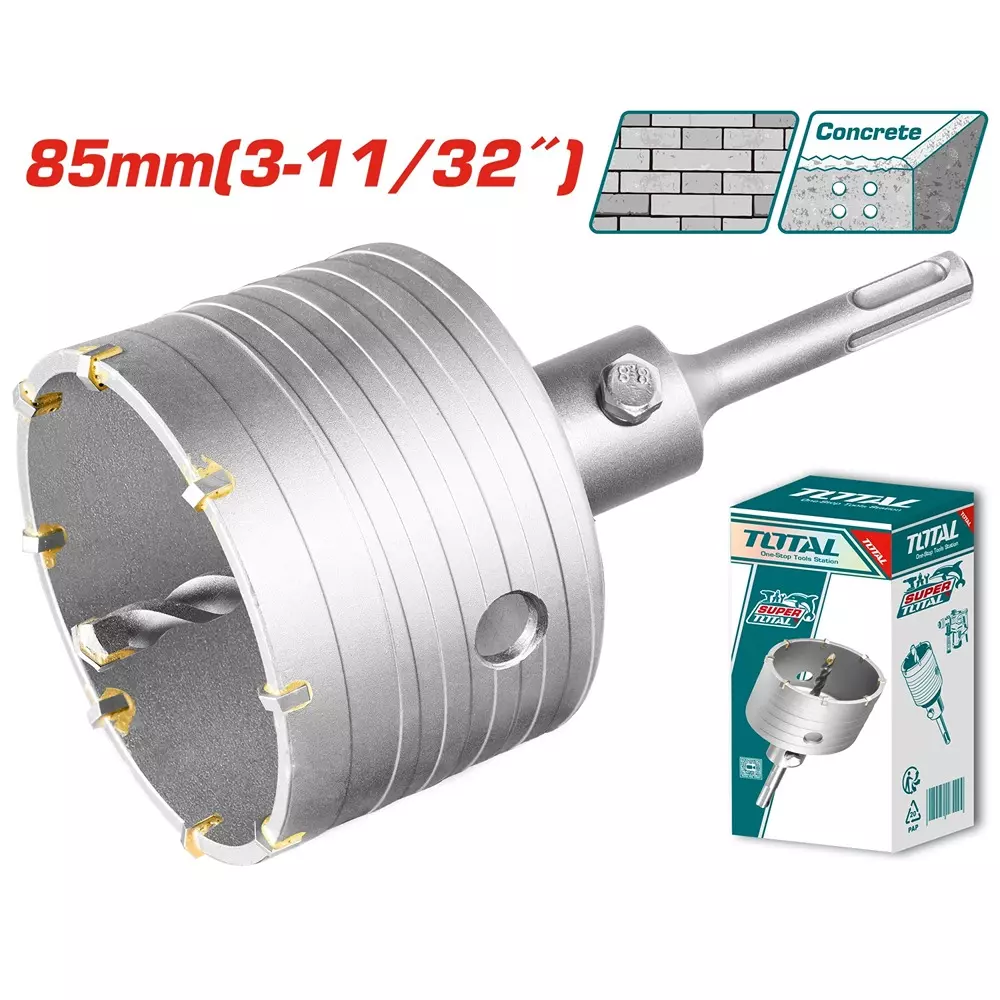 Total Hole Core Bit with Adaptor, 8 Pcs Blades and 8x110 mm Masonry Drill Bit 85 mm Diameter, TAC430851
