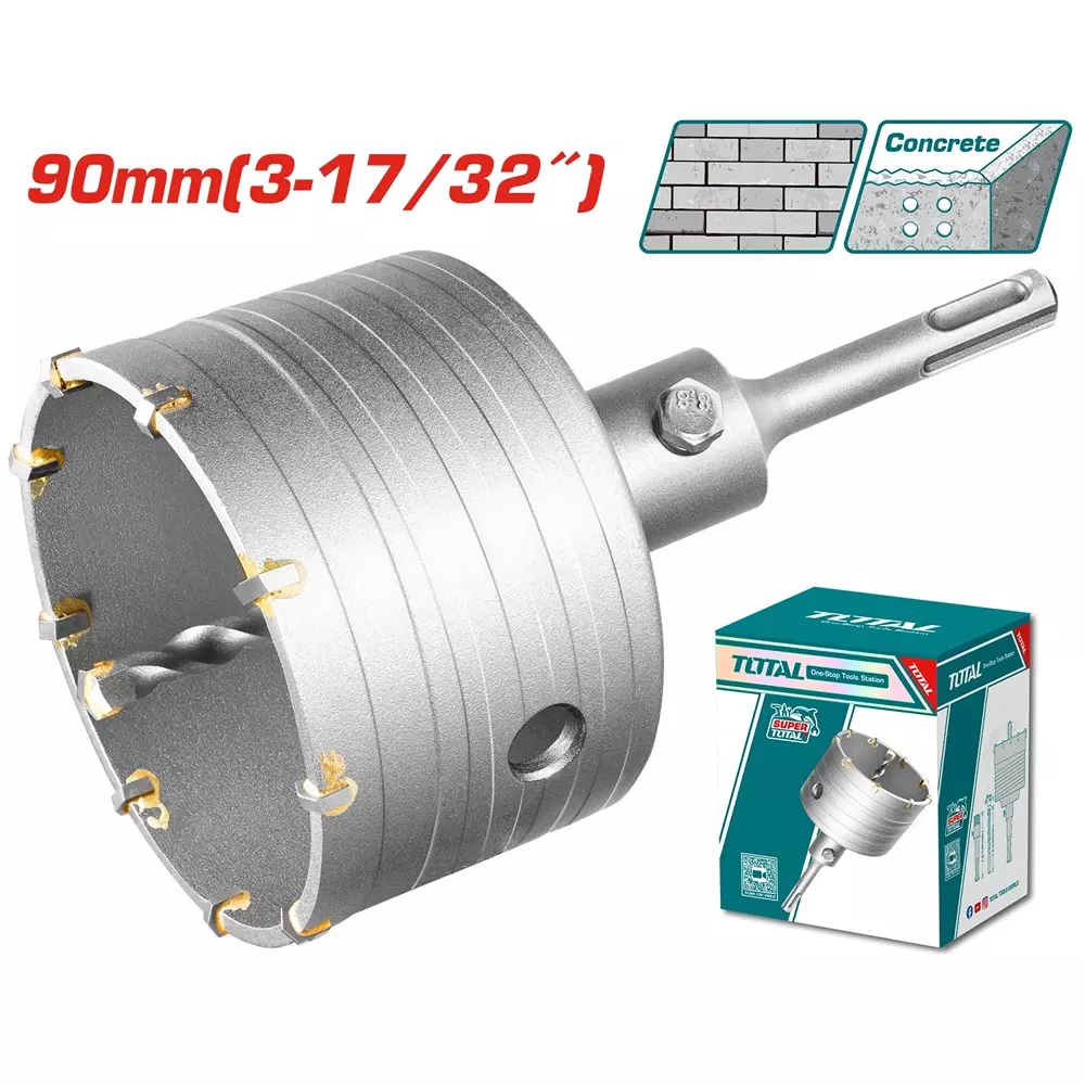 Total Hole Core Bit with Adaptor, 9 Pcs Blades and 8x110 mm Masonry Drill Bit 90 mm Diameter, TAC430901