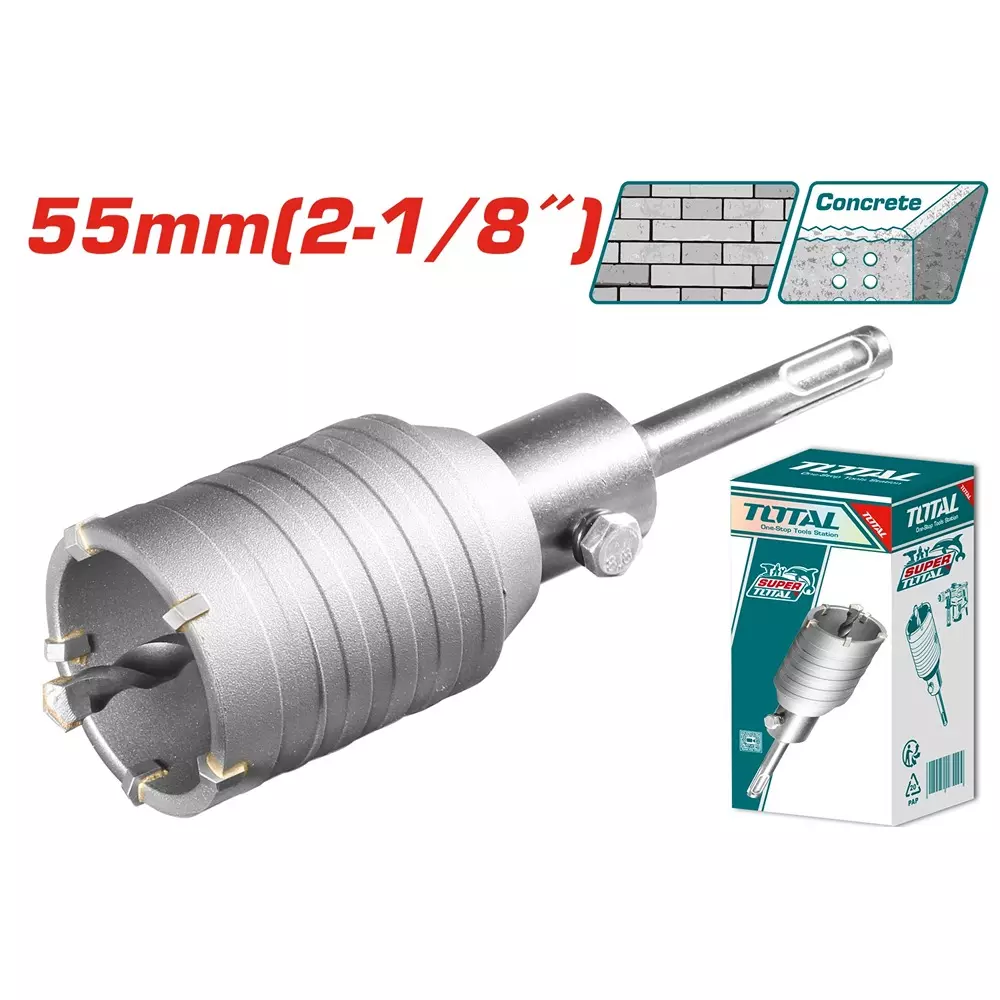 Total Hole Core Bit with Adaptor, 5 Pcs Blades and 8x110 mm Masonry Drill Bit 55 mm Diameter, TAC430551