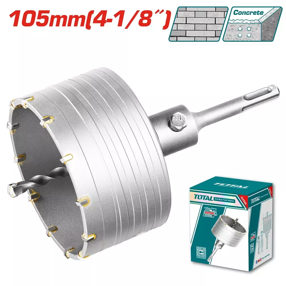 Total Hole Core Bit with Adaptor, 12 Pcs Blades and 8x110 mm Masonry Drill Bit 105 mm Diameter, TAC4301051