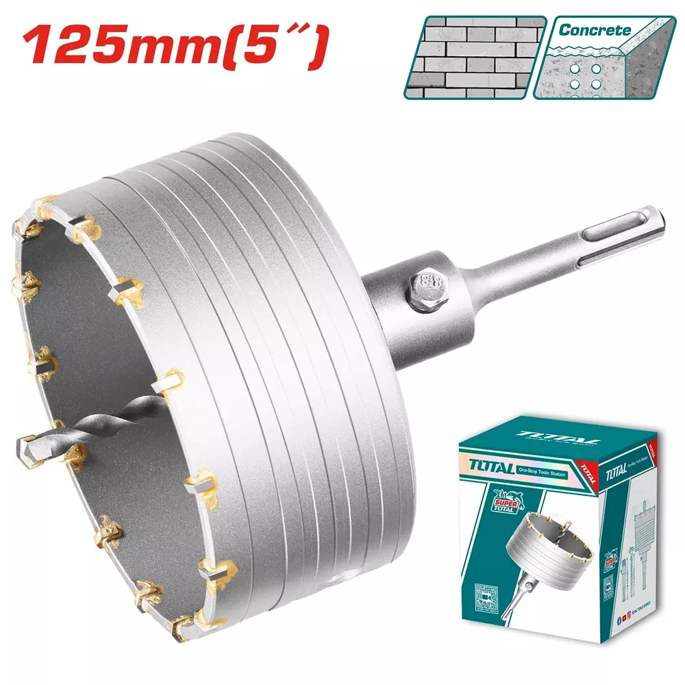 Total Hole Core Bit with Adaptor, 14 Pcs Blades and 8x110 mm Masonry Drill Bit 125 mm Diameter, TAC4301251