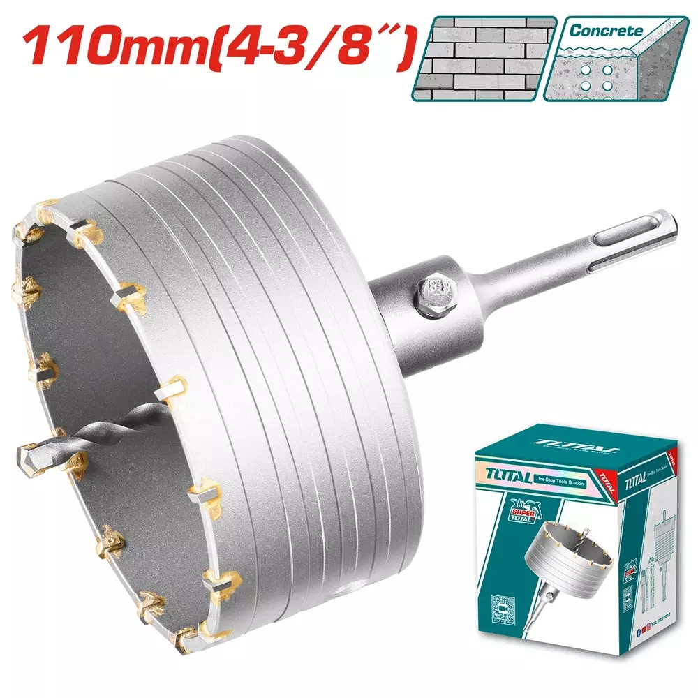 Total Hole Core Bit with Adaptor, 14 Pcs Blades and 8x110 mm Masonry Drill Bit 110 mm Diameter, TAC4301101