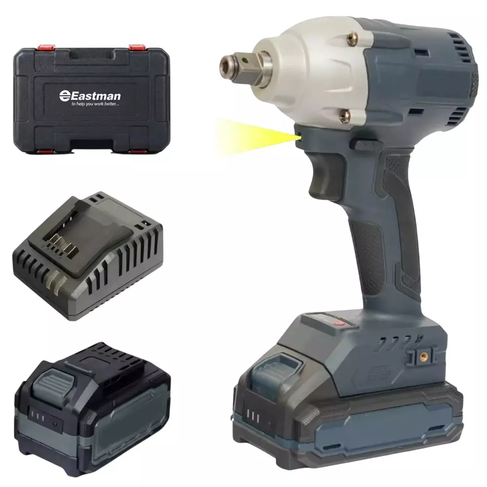 Eastman Cordless Impact Wrench Machine with Battery Kit 2 Ah Brushless 280 Nm Torque 3000/2250/1800 rpm 350 W Power for Industrial Use, ECIW-280