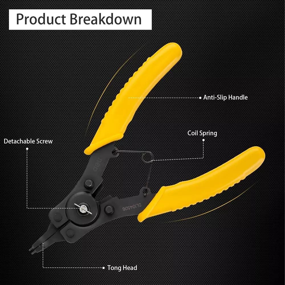 Deli 5 Pcs 5 in 1 Cirlclip Plier Kit Carbon Steel 150 mm Maximum Size Ergonomic Grip for Industrial Use, DL104506