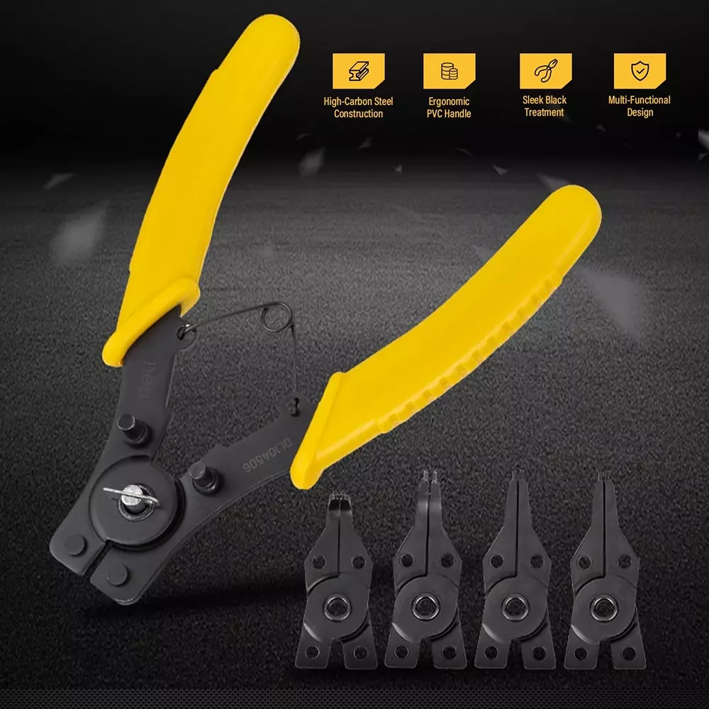 Deli 5 Pcs 5 in 1 Cirlclip Plier Kit Carbon Steel 150 mm Maximum Size Ergonomic Grip for Industrial Use, DL104506