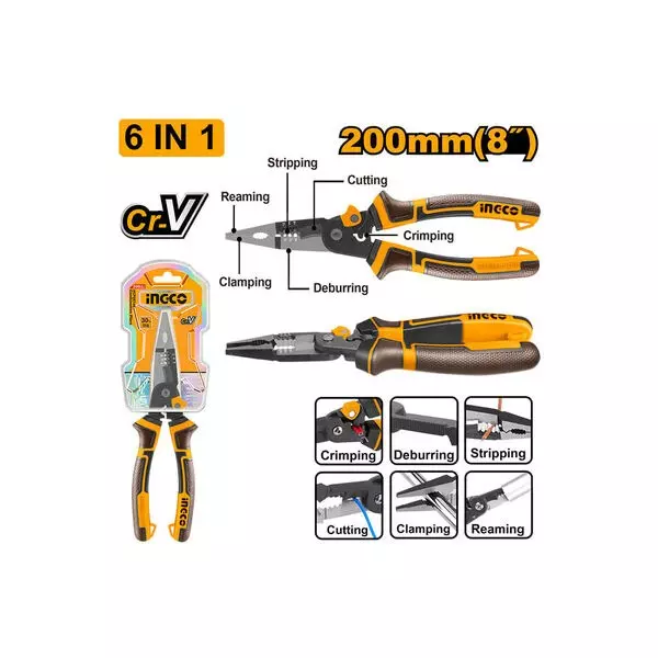 Ingco 6-in-1 Multifunction Long Nose Plier Size 8 inch (200 mm) in Half Double Blister Packing, HMFLNP28200