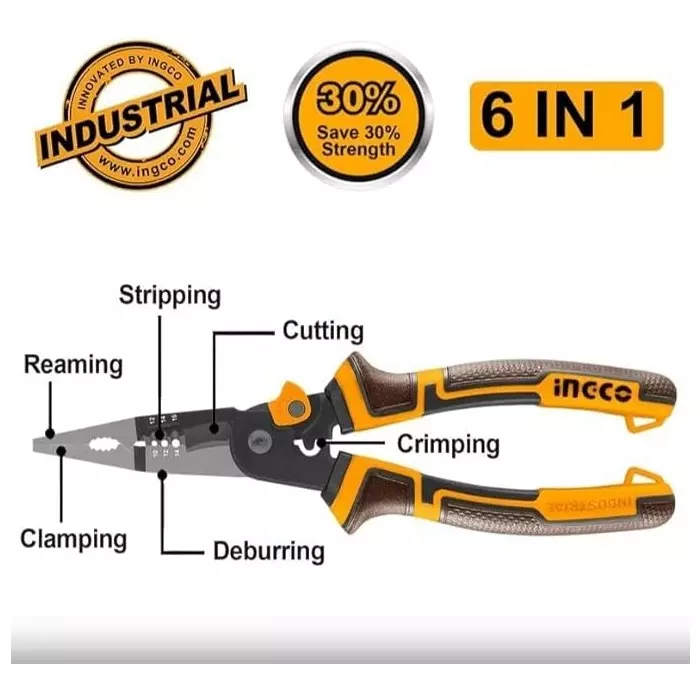 Ingco 6-in-1 Multifunction Long Nose Plier Size 8 inch (200 mm) in Half Double Blister Packing, HMFLNP28200