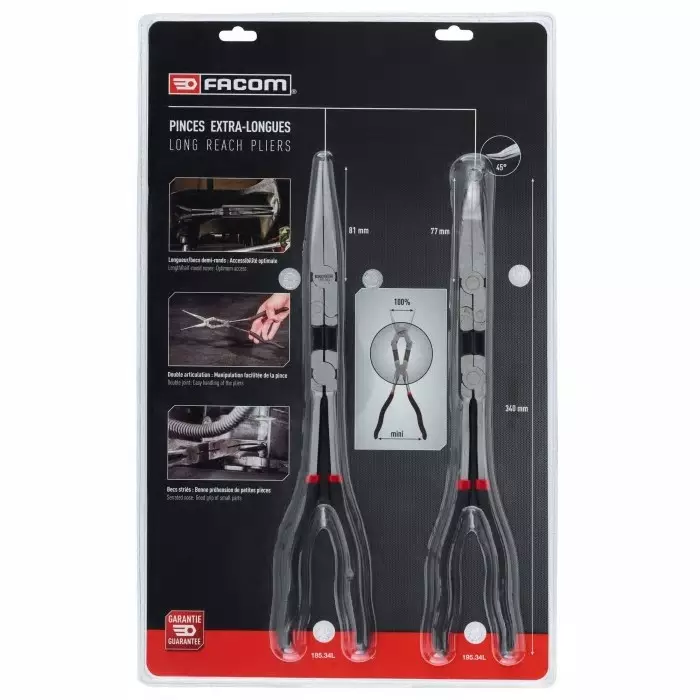 Facom 2-Piece Plier Set, Slim Tip, 340 mm Overall, 185.2LPB