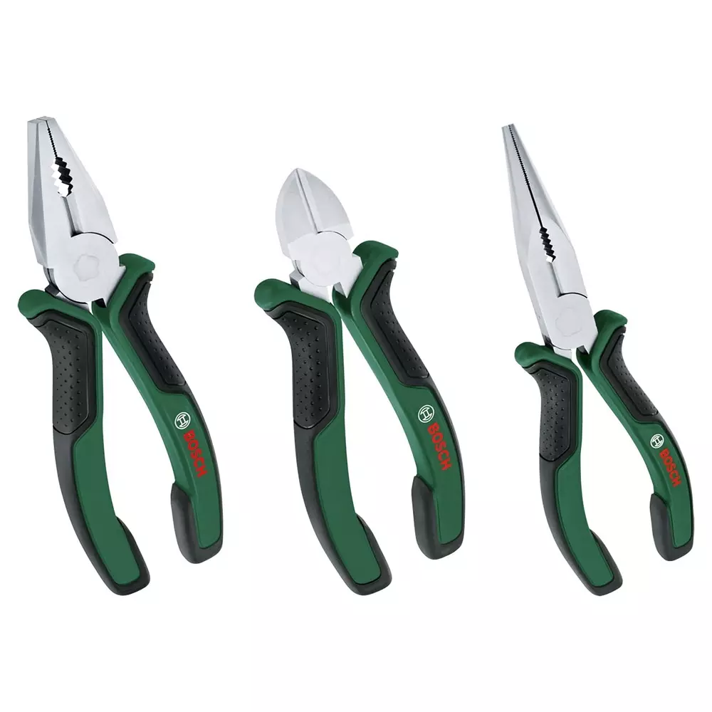 Bosch Plier Set Ergonomic Combination Diagonal and Long-Nose Pliers with Chrome-Nickel Coating, 1600A02C0S (Pack of 3)