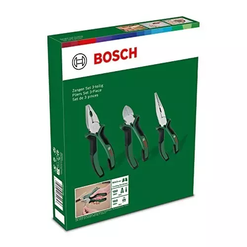 Bosch Plier Set Ergonomic Combination Diagonal and Long-Nose Pliers with Chrome-Nickel Coating, 1600A02C0S (Pack of 3)