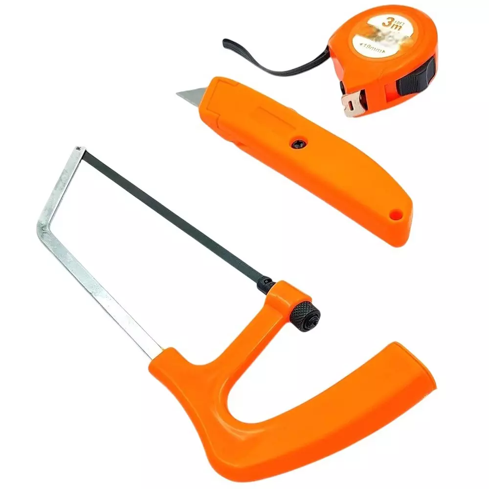 A.D international 3 Pcs Mini Hacksaw, Utility Cutter & Measuring Tap Combo 6 Inch 152 mm Steel & Plastic Silver & Orange Ergonomic Easy Grip Hand Powered 3 m for Industrial Use