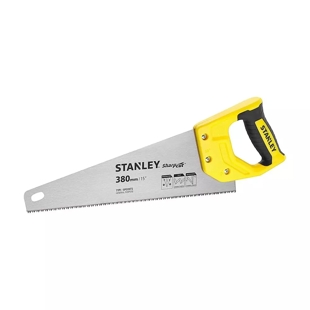STANLEY 15 inch (380 mm) Sharpcut Handsaw Steel Blade and 7 TPI for Cutting Wood, STHT20366-1