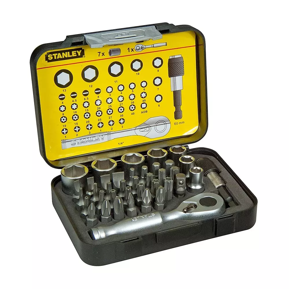 STANLEY Fatmax 39 Pcs Bit + Socket + Ratchet Set with 1/4 inch (6.35 mm) Square Drive for Power Drill, Impact Driver & More, 1-13-906