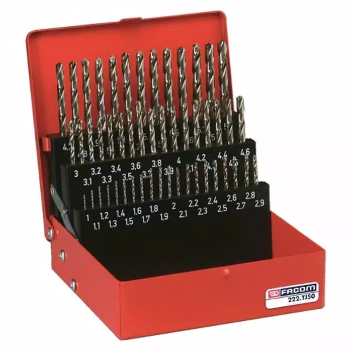 Facom 50-Piece Twist Drill Bit Set for Masonry, 5.9mm Max, 1mm Min, Stainless Steel Bits, 222A.TJ50