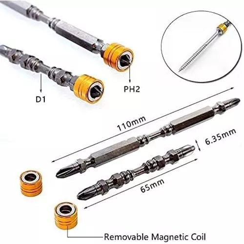 DY TOOLS Double Cross Head Long PH2 Screwdriver Bit Set Alloy Steel Magnetic Collar 6.35 mm (1/4 Inch) Hex Shank (Pack of 5)