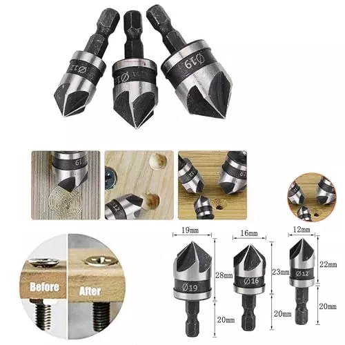 Malfah Enterprises Chamfer Countersink Drill Bit 12, 16, 19 mm 90° Cutting Angle HSS (Pack of 3)