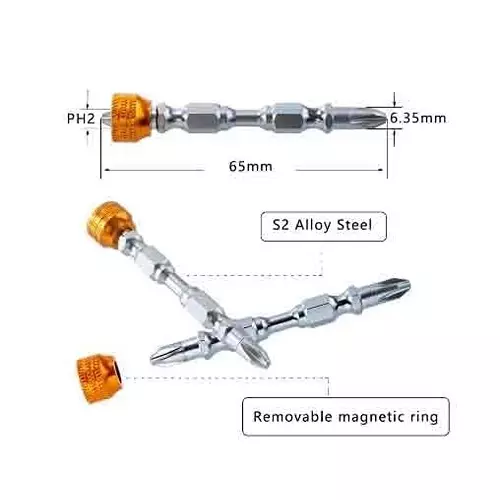 DY TOOLS Double Cross Head PH2 Screwdriver Bit Set Alloy Steel Magnetic Collar 6.35 mm (1/4 Inch) Hex Shank (Pack of 5)