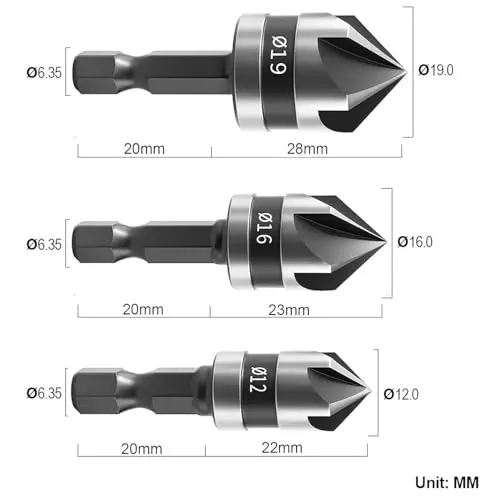 DY TOOLS Countersink Chamfer Drill Bit Set High Carbon Steel Hex Shank 6.35 mm (Pack of 3)