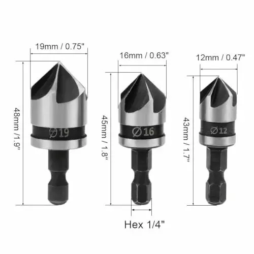 DY TOOLS Countersink Chamfer Drill Bit Set High Carbon Steel Hex Shank 6.35 mm (Pack of 3)