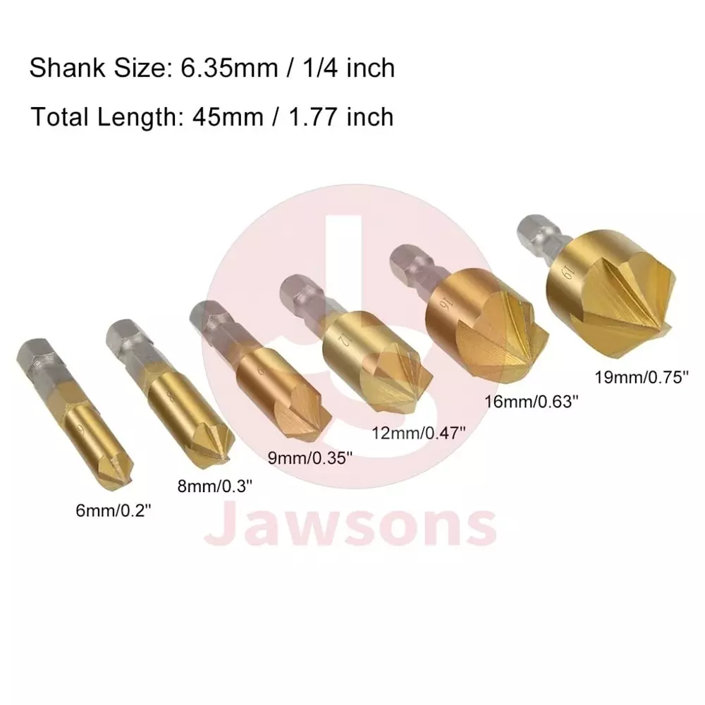 Jawsons Counter Shank Drill Bit Set High-Speed Steel 6-19 mm Chatter-Free 90° Angle Point (Set of 6 Pcs)